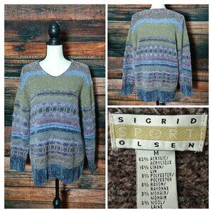 Sigrid Olsen Vintage Sweater M Linen Mohair Wool Blend Oversized Boho Striped